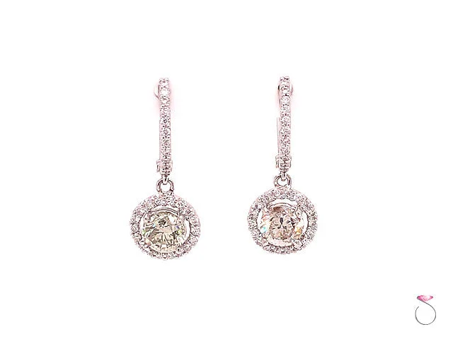 Drop Earrings for Yoga Session -Diamond Halo Drop Dangling Earrings, 2.29 Carat Diamond Earrings 18K White Gold