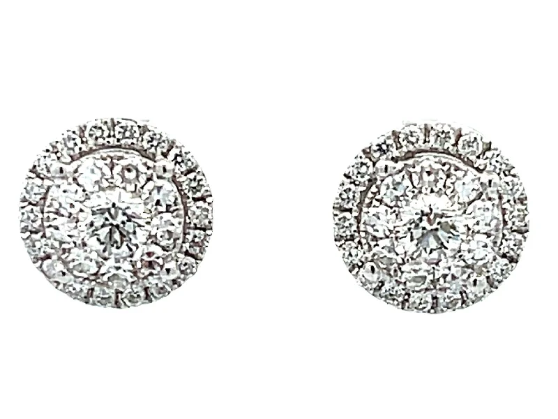 Drop Earrings with Debossed Designs -Double Diamond Halo Stud Earrings in 18k White Gold