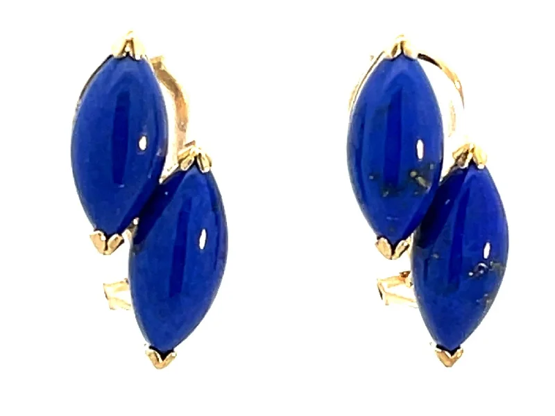 Drop Earrings with Debossed Designs -Double Marquise Lapis Lazuli 14K Yellow Gold Earrings