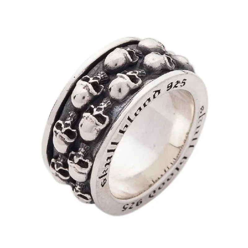 Double Skull Sterling Silver Mens Spin Ring