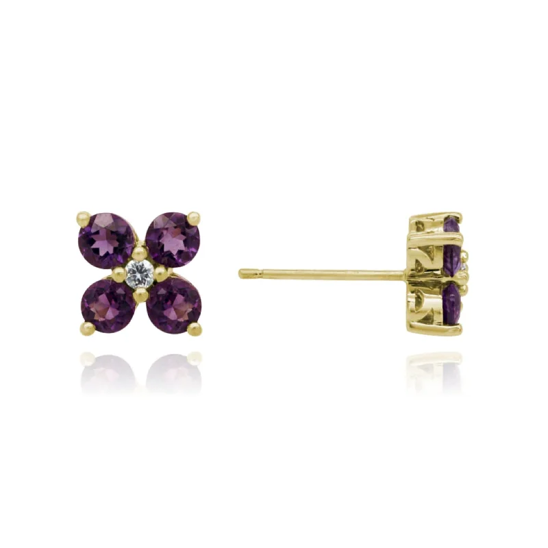 Drop Earrings for Valentine's Day -14K YELLOW GOLD AMETHYST DIAMOND FLOWER STUD EARRINGS