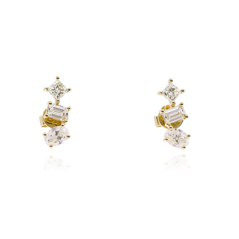 Drop Earrings with Crown Designs -14K YELLOW GOLD DIAMOND MIXED CUT STUD EARRINGS - 1.48CTW