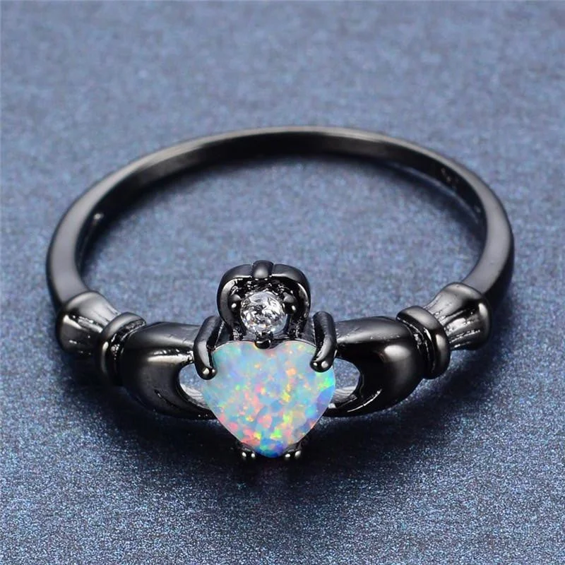 Elegant Rainbow Opal Heart Black Gold Filled Solitaire Ring