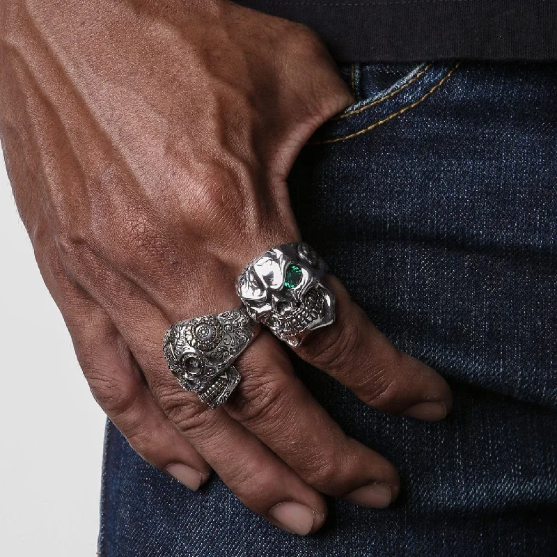 Emerald Green Eye Sterling Silver Men's Skull Ring