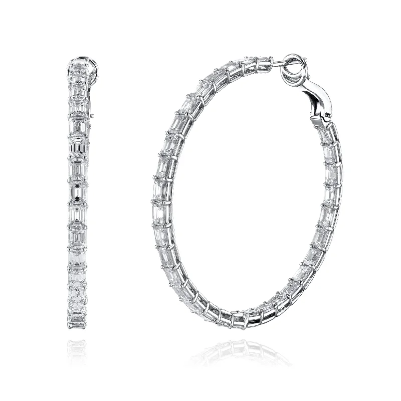 Drop Earrings for Birthday Celebration -18K WHITE GOLD EMERALD-CUT DIAMOND HOOP EARRINGS - 8.44CTW