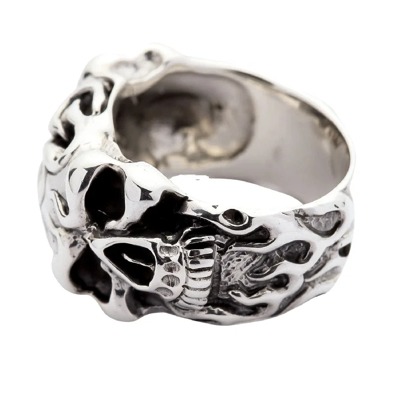 Flame Roller Skull Sterling Silver Biker Ring