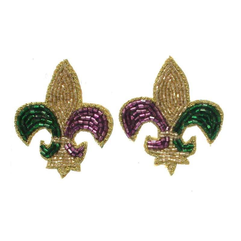 Drop Earrings with Leaf Motifs -Fleur de Lis Seed Bead Earrings, 2"