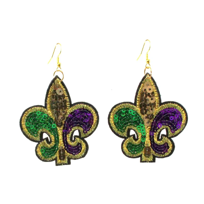 Drop Earrings with Abstract Designs -Fleur de Lis Sequin Earrings, Mardi Gras