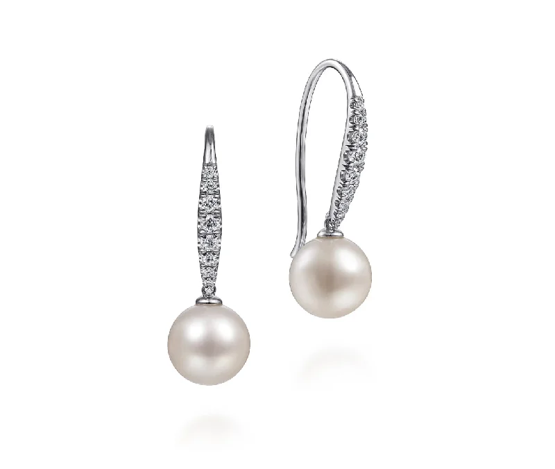 Long Drop Earrings for Dramatic -Gabriel & Co. -14K White Gold Tapered Diamond Cultured Pearl Drop Earrings  EG13190W45PL