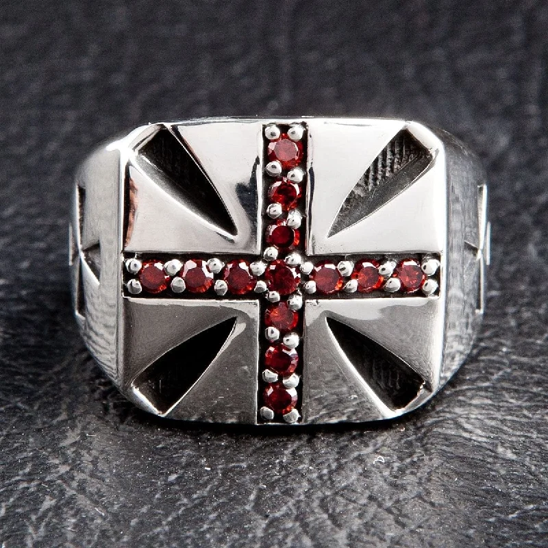 Garnet Cross Sterling Silver Biker Ring