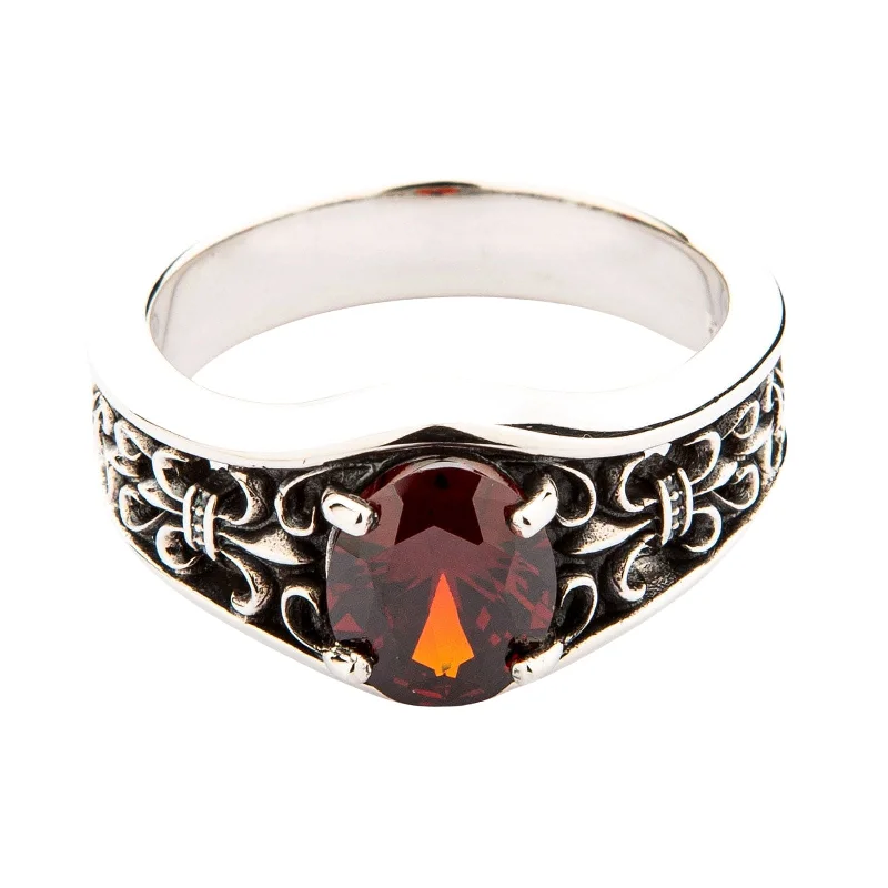 Garnet Fleur De Lis Sterling Silver Gothic Band Ring