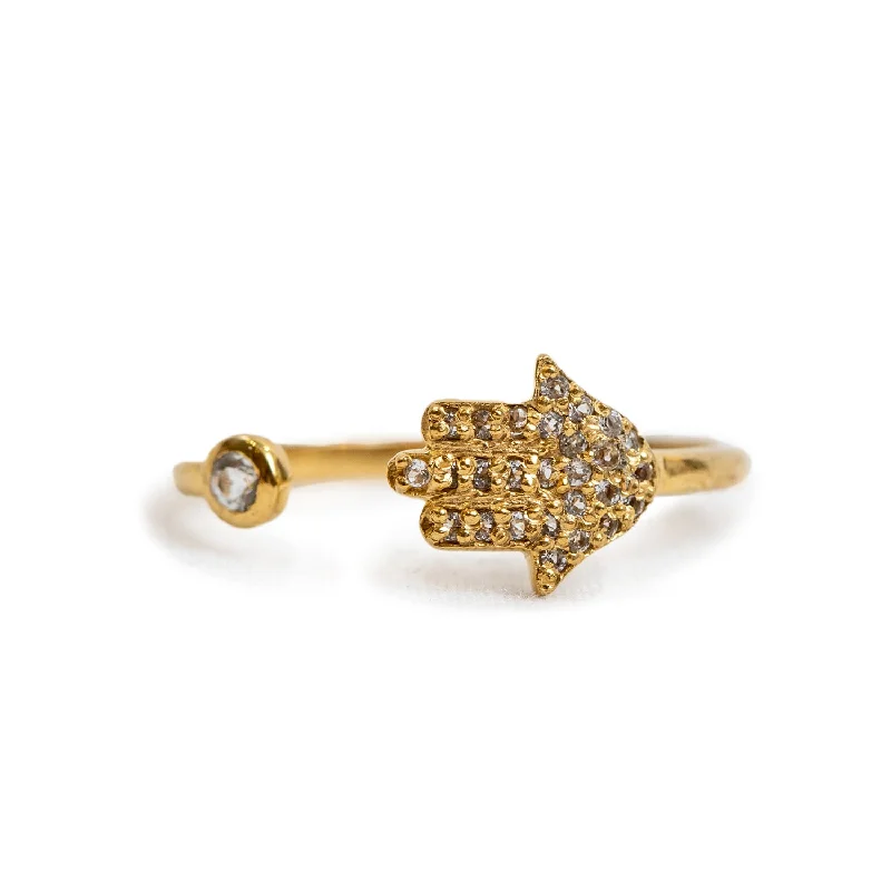 Gold Plated Hamsa Hand and White Topaz Ring Adjustable