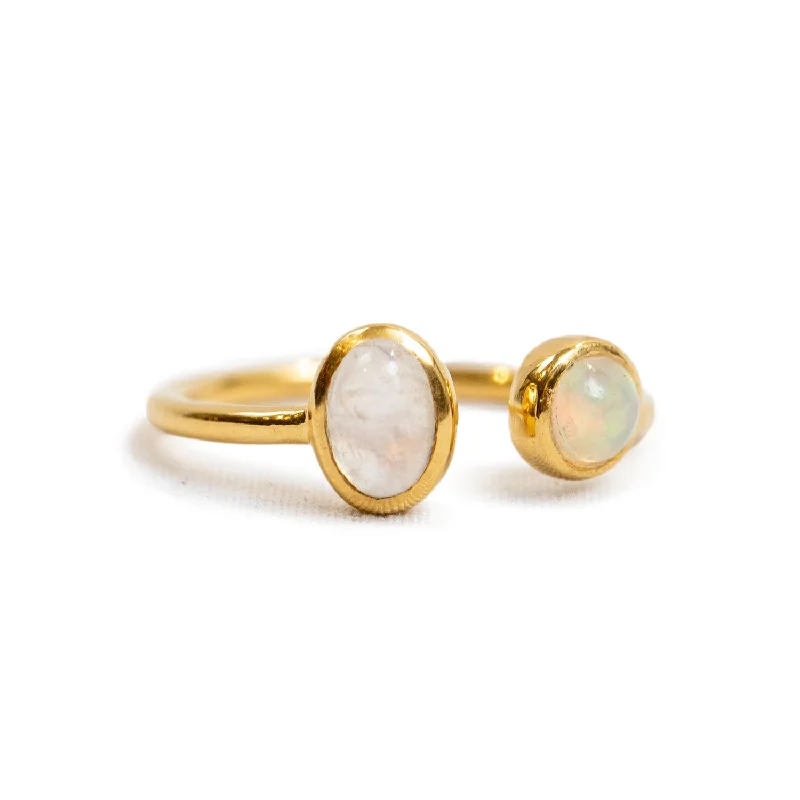 ***Gold Plated Oval Moonstone and Round Opal Dual Ring Adjustable