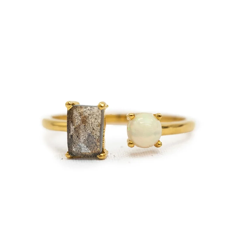 ***Gold Plated Rectangle Labradorite and Opal Dual Ring Adjustable