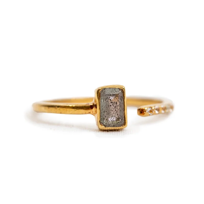 ***Gold Plated Rectangle Labradorite and Pave Split Ring Adjustable