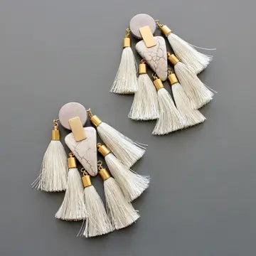 Gemstone and Diamond Drop Earrings for Opulence -Gray and White Tassel Post Statement Earrings