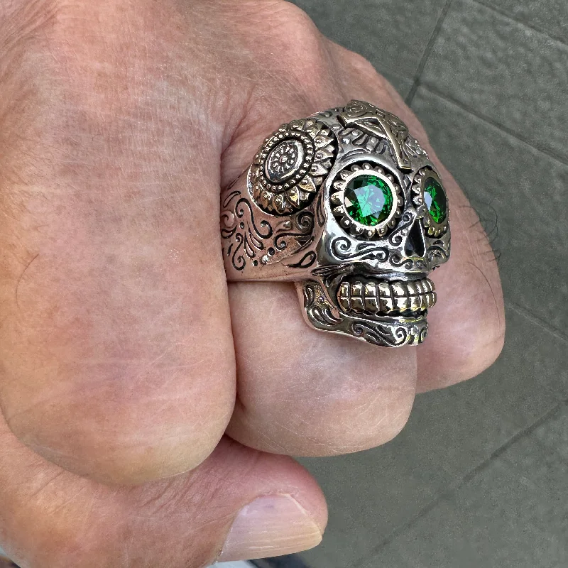 Green Eyes Sterling Silver Sugar Skull Ring