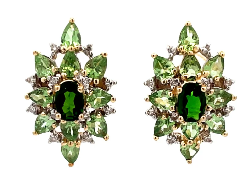 Drop Earrings with Star Motifs -Green Peridot Garnet and Diamond Earrings in 10k Yellow Gold