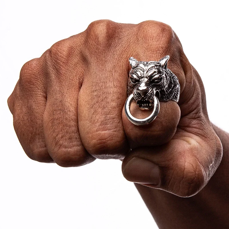 Guardian Tiger Head Sterling Silver Biker Ring