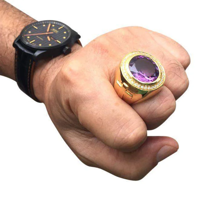 Huge Natural Amethyst Gold Bishop Ring