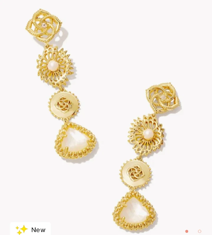 Drop Earrings for Yoga Session -Kendra Scott- Brielle Gold Linear Drop Earrings in Ivory Mother-of-Pearl- 9608852365