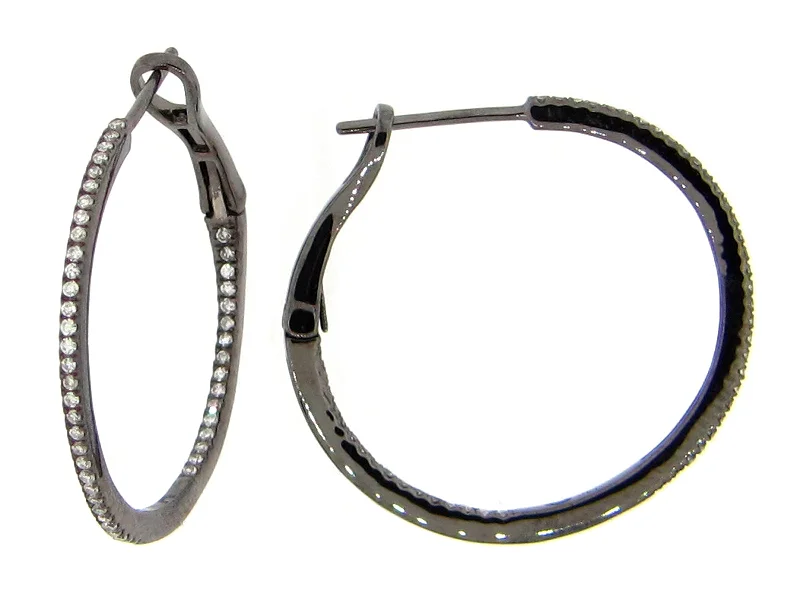 Drop Earrings for Mother's Day -Lady's 14 Karat black Small Hoop Earrings 0.28tw Round Diamonds 26MM