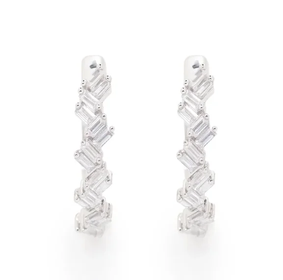 Drop Earrings with Knot Designs -Lady's White 14 Karat Small Hoop Earrings 32=0.26tw Baguette Diamonds