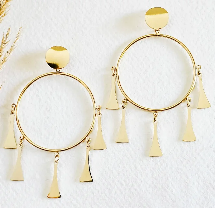 Leverback Drop Earrings for Comfort -Large Hoop Chandelier Gold Plated Brass Earrings