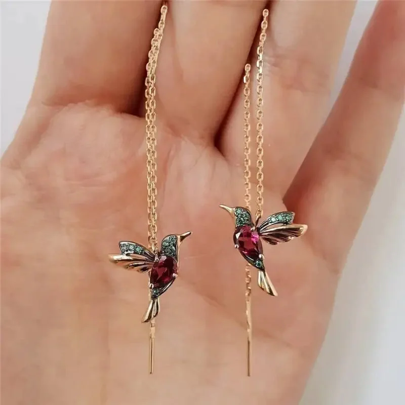 Drop Earrings with Etched Designs -Long Hummingbird Animal Earrings