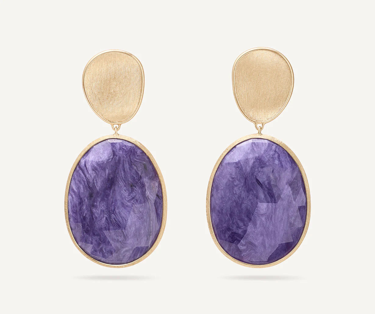 Hippie Drop Earrings with Beads -Lunaria Yellow Gold Double Drop Charoite Earrings