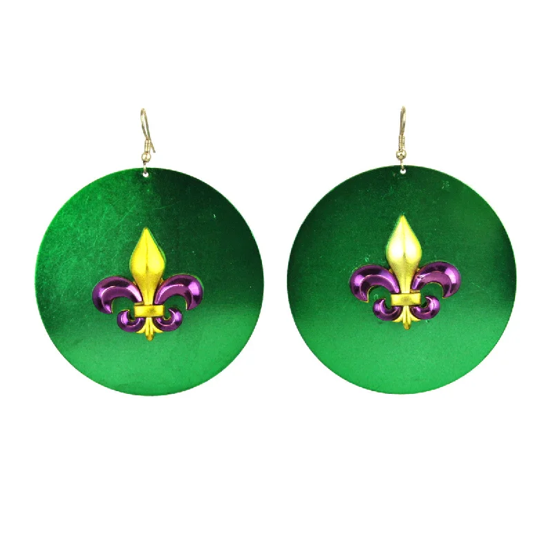 Oval Drop Earrings for Grace -Mardi Gras Fleur De Lis Earrings Green