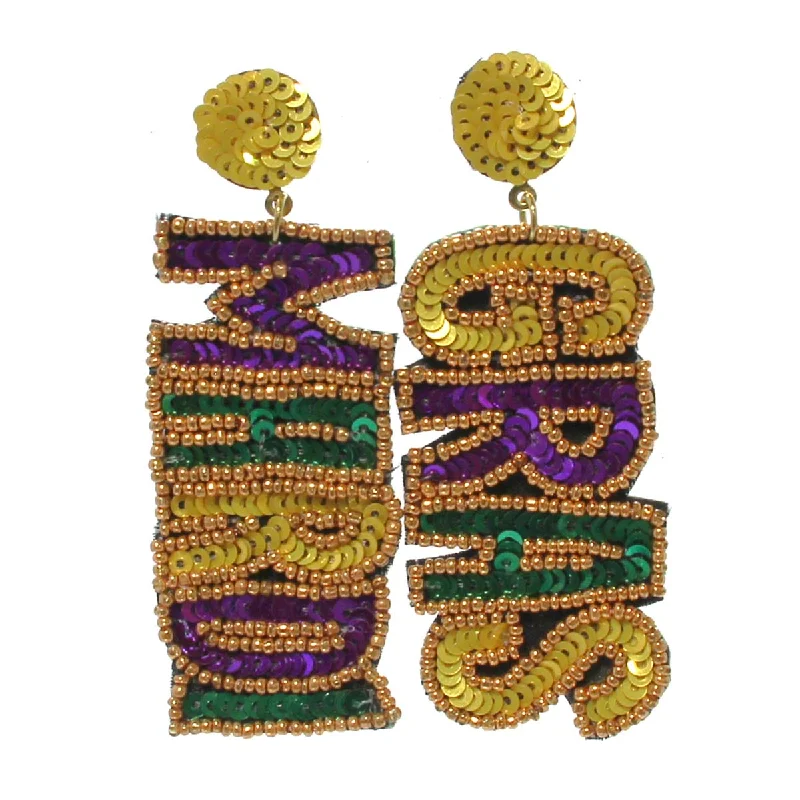 Drop Earrings with Star Motifs -Mardi Gras Seed Bead Earrings, 3"