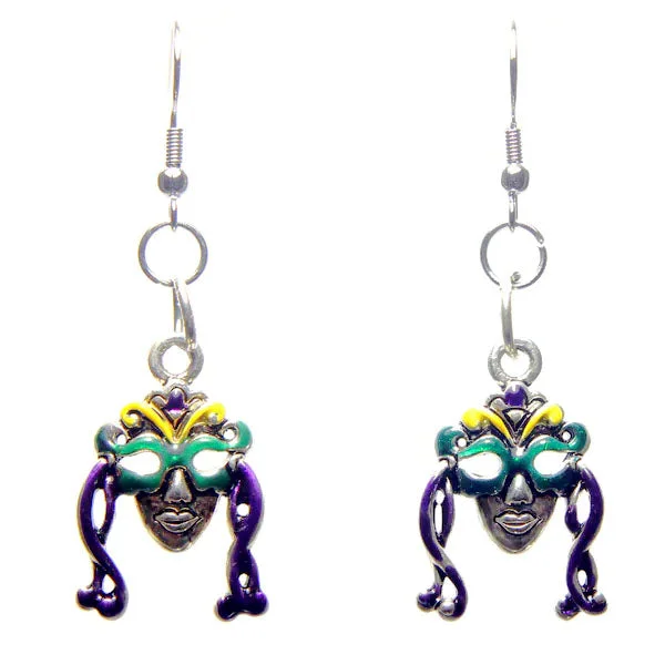 Silver Drop Earrings for Men -Mardi Gras Woman in a Mask Earrings