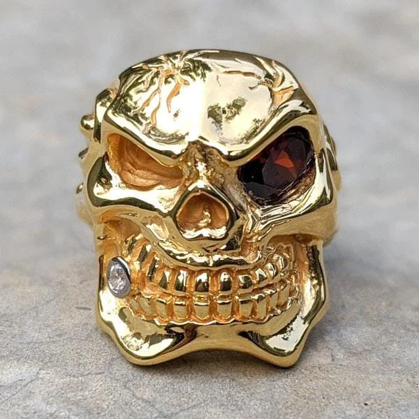 Micron Yellow Gold Red Eye Skull Ring