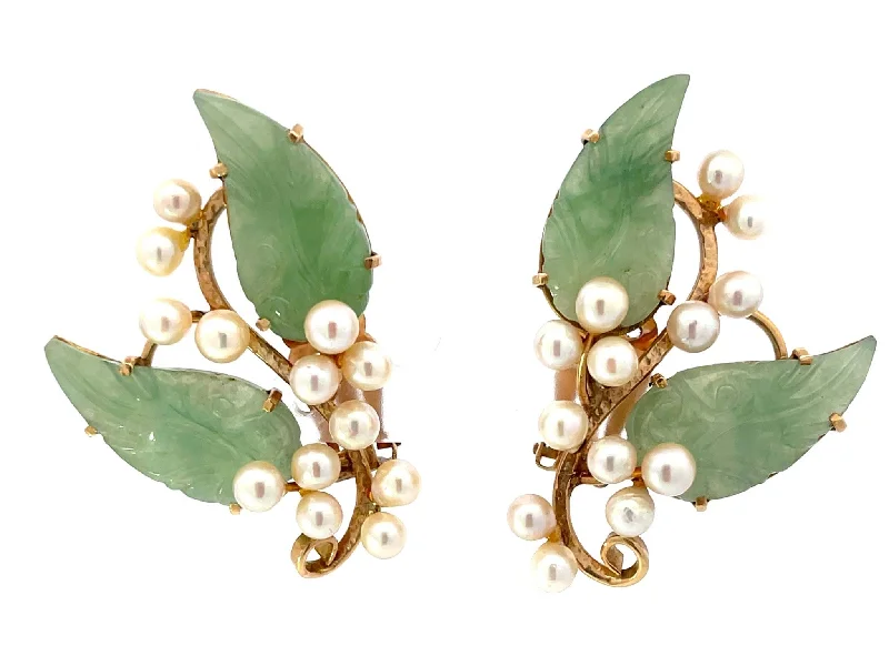 Round Drop Earrings for Classic -Mings Akoya Pearl and Green Jade Leaf Clip on Earrings 14K Yellow Gold