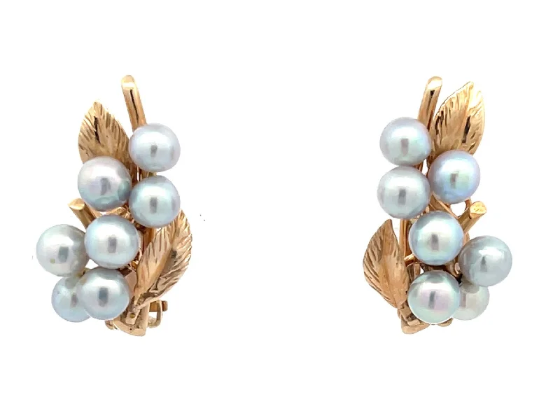 Drop Earrings for Anniversary -Mings Baroque Pearl and Leaf Clip on Earrings in 14K Yellow Gold