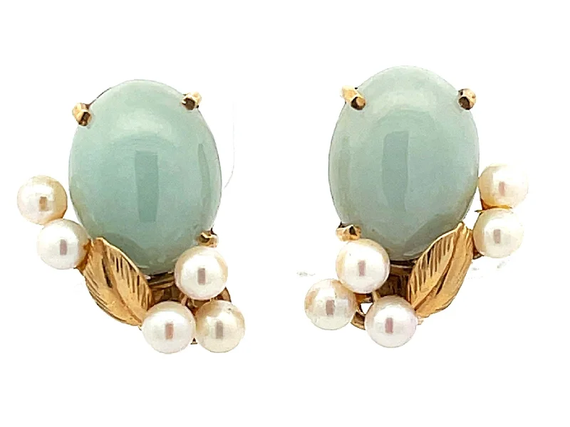 Drop Earrings with Crown Designs -Mings Cabochon Jade and Pearl Clip on Earrings in 14k Yellow Gold