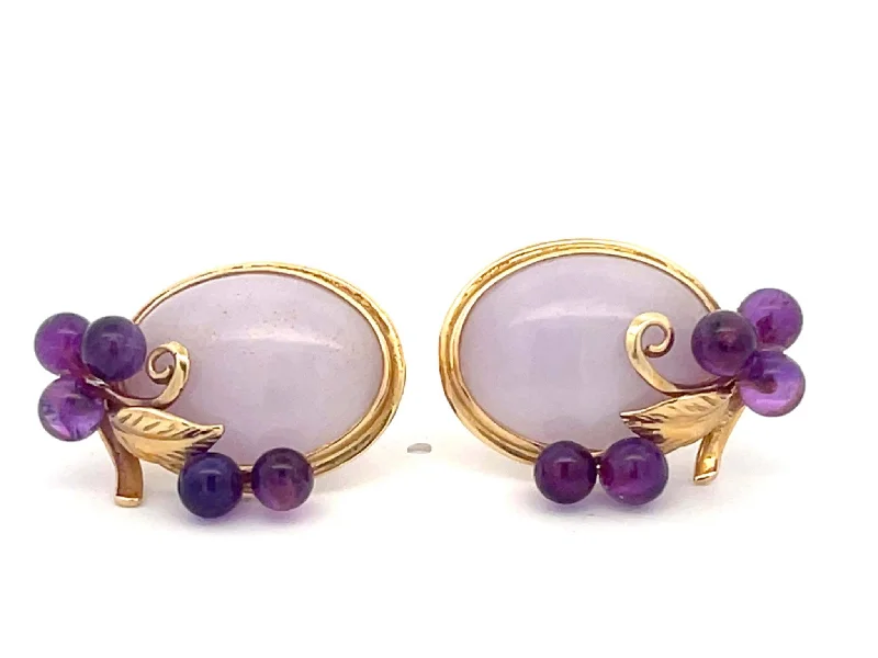 Nickel Free Drop Earrings for Safety -Mings Lavender Jade and Purple Amethyst Earrings in 14k Yellow Gold