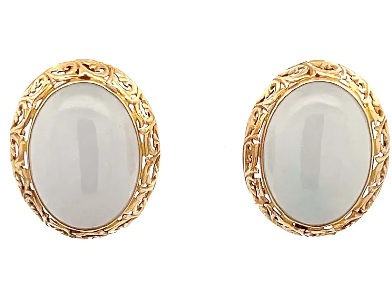 Drop Earrings with Hammered Finish -Mings Oval White Jade Earrings 14K Yellow Gold