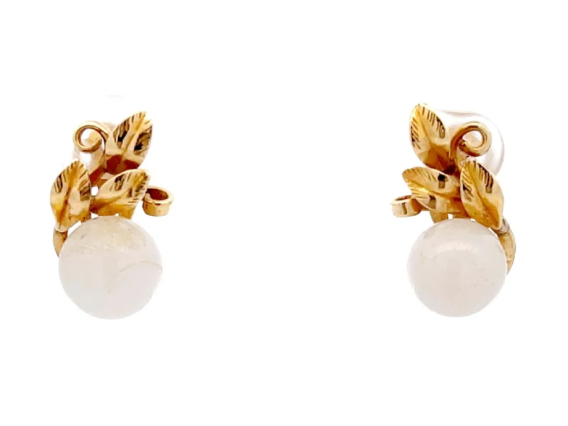 Retro Drop Earrings for Nostalgia -Mings White Jade Sphere and Leaves Clip On Earrings in 14K