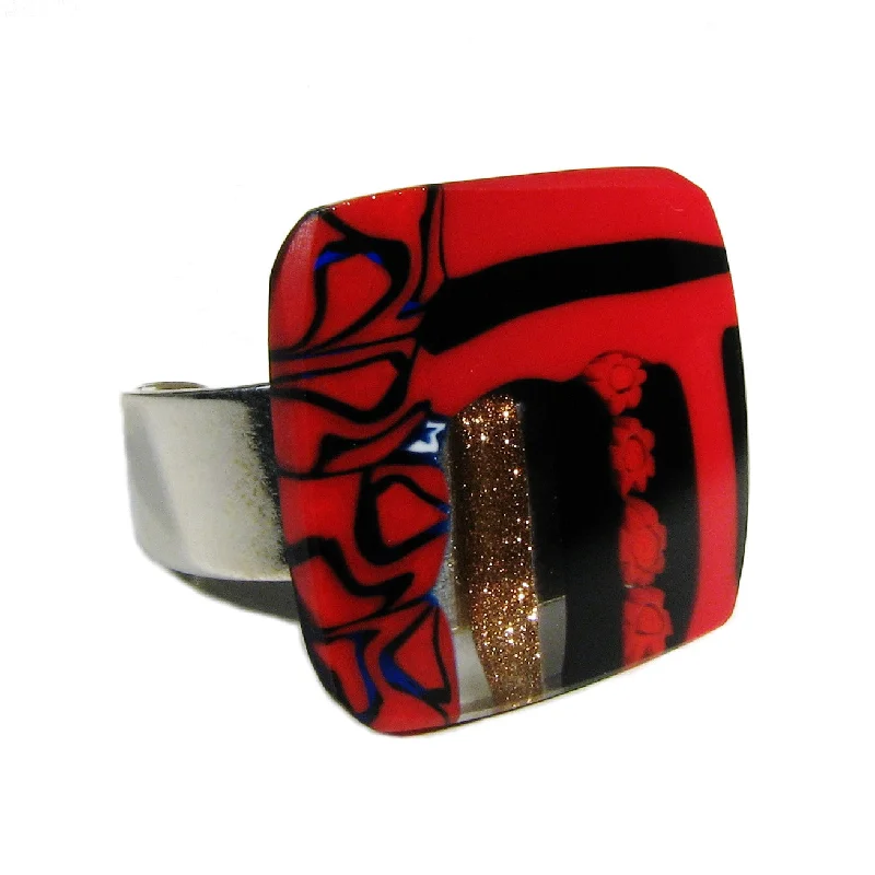 Murano glass square Ring "New York" set in 925 sterling silver