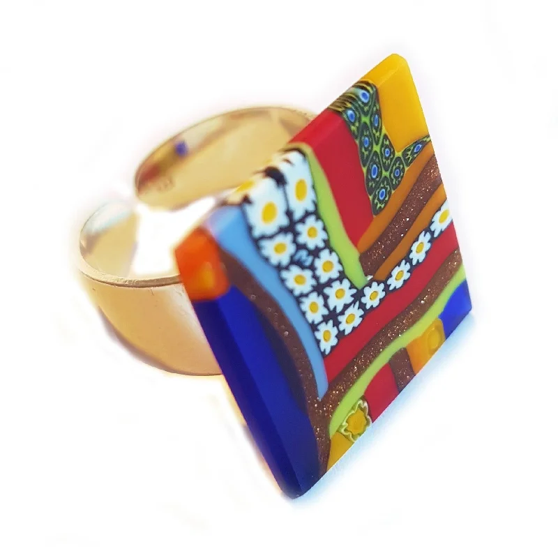 Murano glass square Ring "Quadrone" set in 925 sterling silver