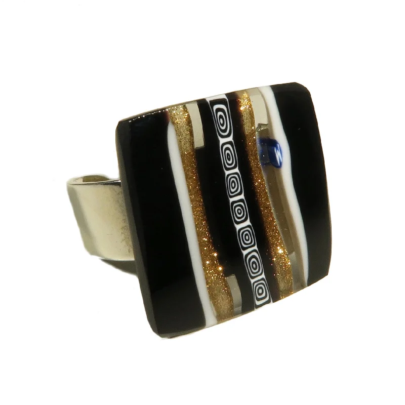 Murano glass square Ring "Scacchiera" set in 925 Sterling Silver