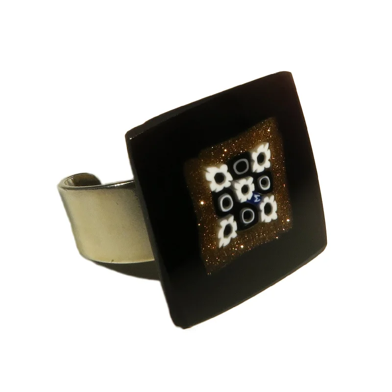 Murano glass square Ring "Scacchiera 9 perle" set in 925 Sterling Silver