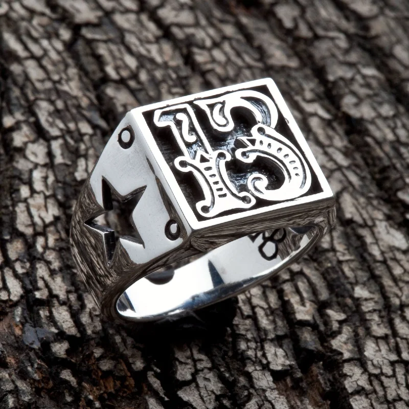 Number 13 Sterling Silver Biker Ring