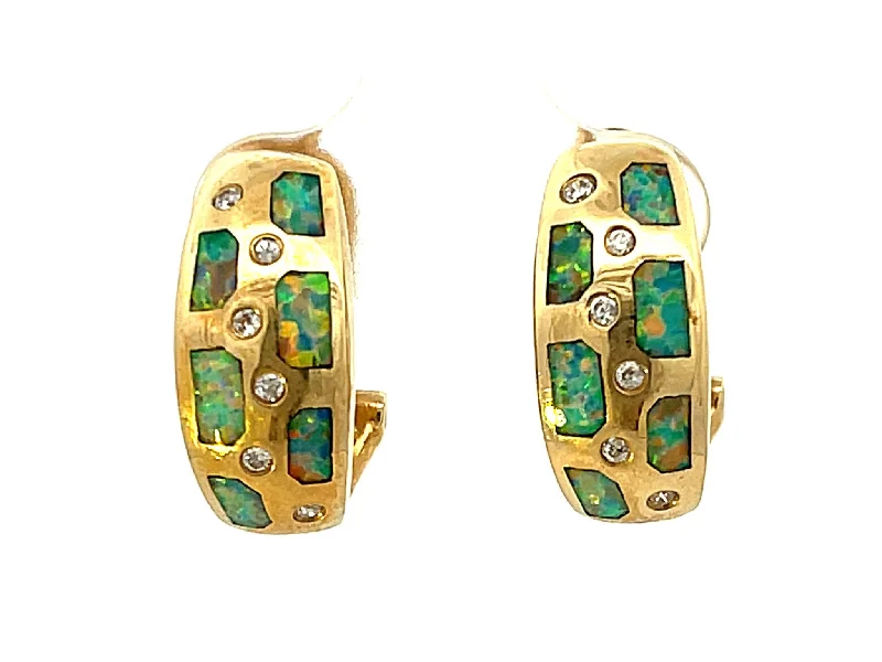 Drop Earrings with Symbolic Elements -Opal Inlay and Diamond Huggie Earrings in 14k Yellow Gold