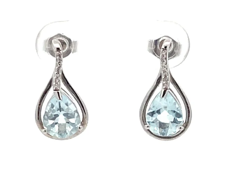 Drop Earrings for Valentine's Day -Pear Shaped Aquamarine and Diamond Drop Earrings in 14K White Gold 