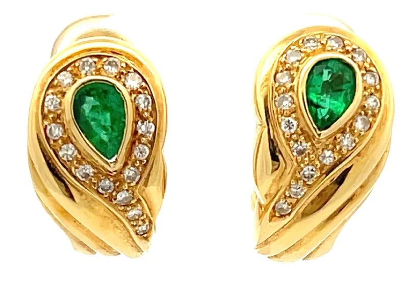 Ethnic Drop Earrings with Tribal Design -Pear Shaped Emerald and Diamond Huggie Earrings in 18k Yellow Gold