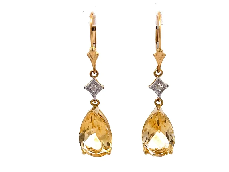 Lead Free Drop Earrings for Health -Pear Shaped Yellow Topaz Drop Diamond Dangly Earrings in 14K Yellow Gold