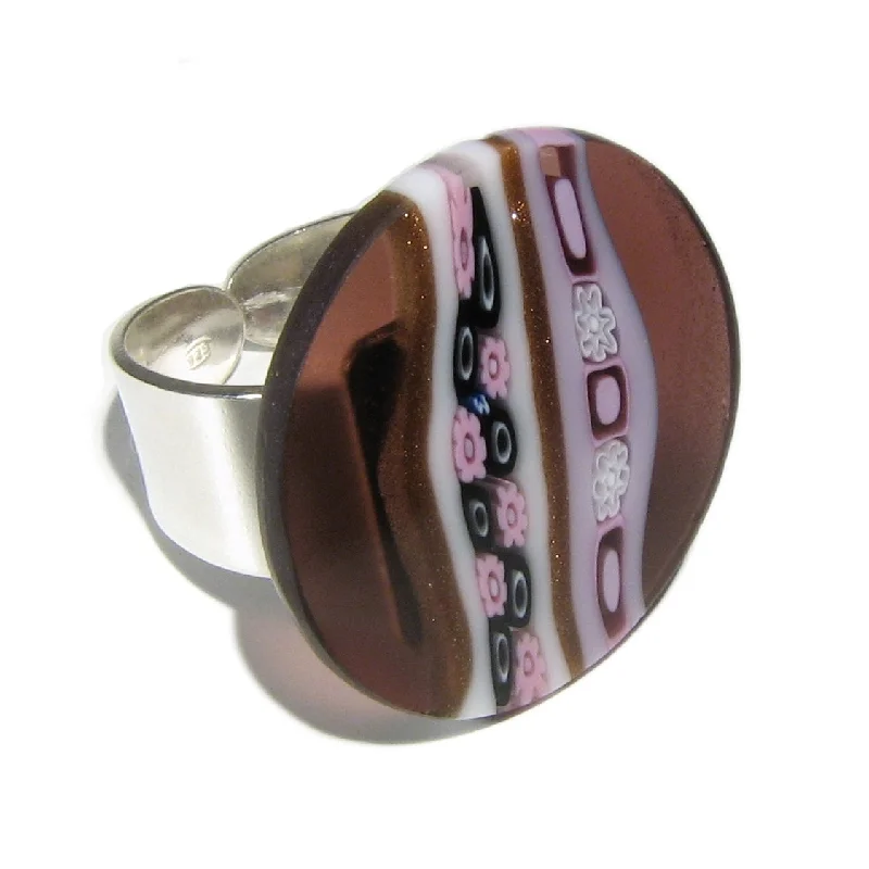 Pink Murano glass round Inglesina ring set in 925 Sterling Silver